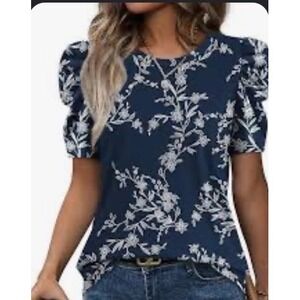 Wiholl Floral Puff Sleeve Top Women Large Navy Blue New With Tags‎